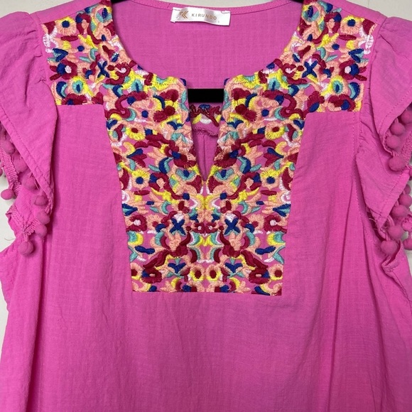 Hot Pink Baby Doll Ruffle Sleeve Embroidered Dress Size S - Picture 6 of 9